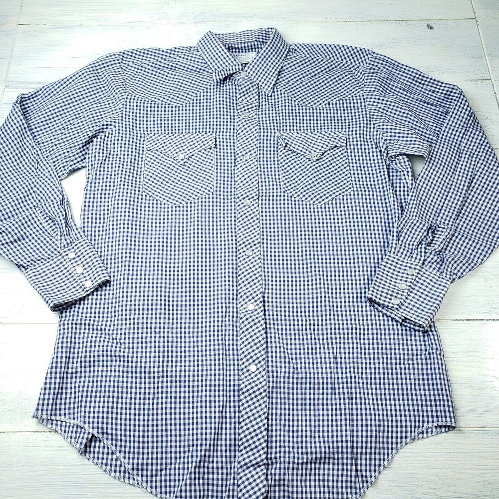 Vintage H Bar C California Ranchwear Pearl Snap Button Up Blue Gingham Shirt